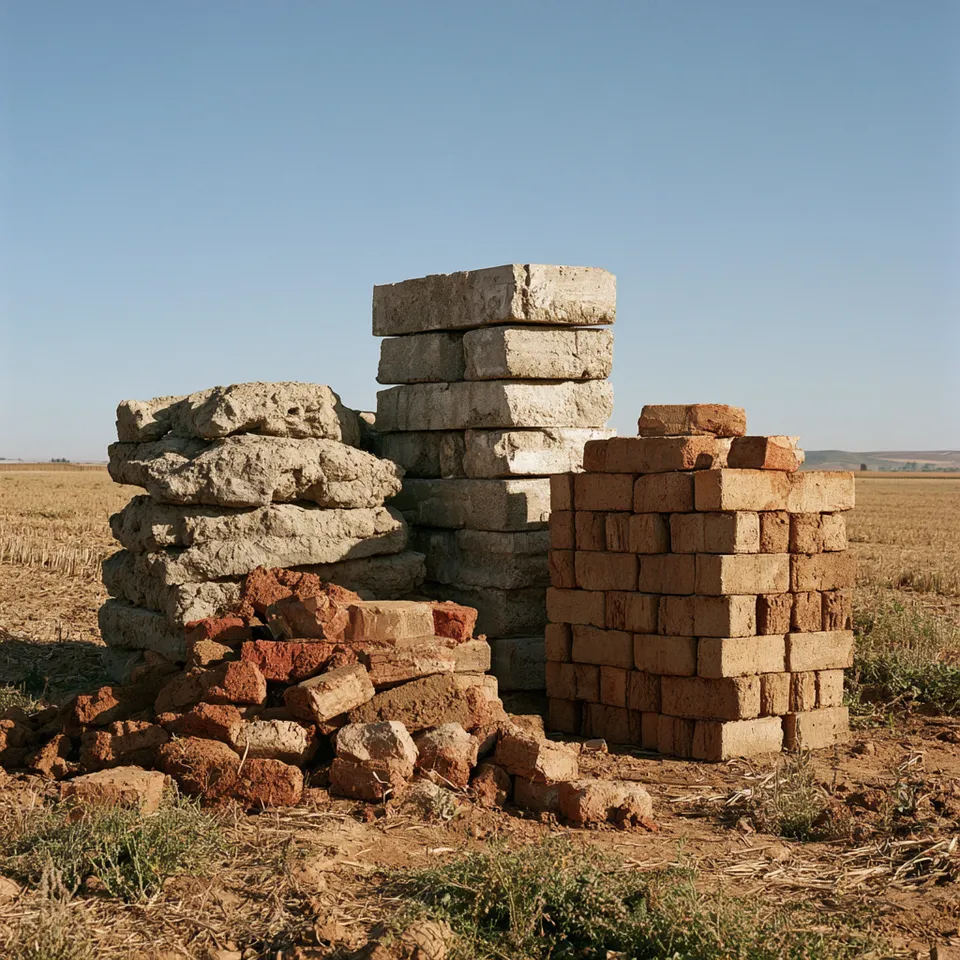 Stacked clay bricks and blocks used as construction material