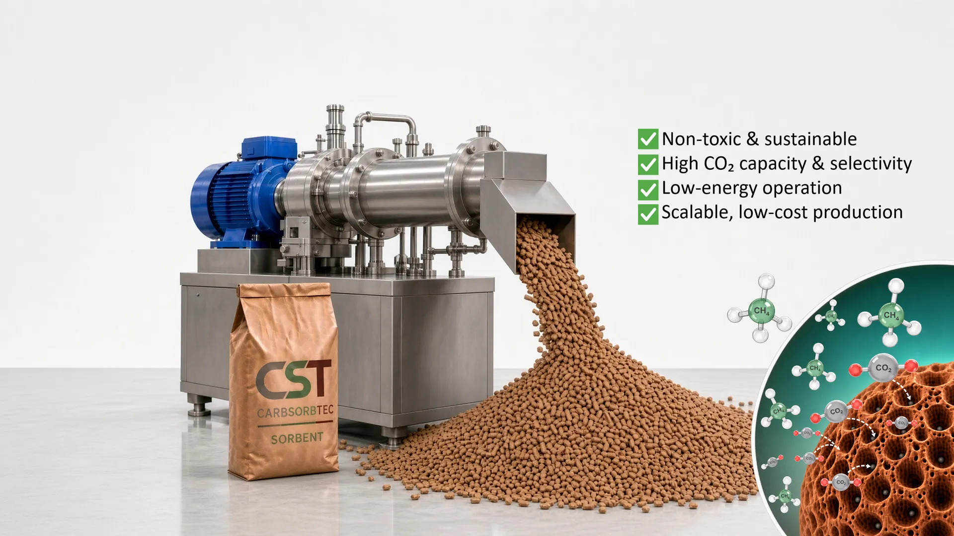 A machine dispensing CST clay pellets into a growing pile beside a CarbSorbTec sorbent bag, with a checklist of product benefits and a molecular diagram of CO2 capture