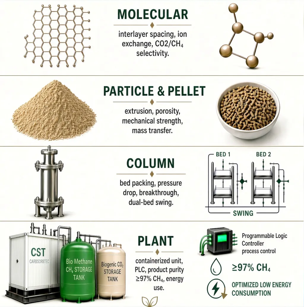 Engineering across multiple scales, from molecular interactions to plant performance: molecular (interlayer spacing, ion exchange, CO₂/CH₄ selectivity), particle and pellet (extrusion, porosity, mechanical strength, mass transfer), column (bed packing, pressure drop, breakthrough, dual-bed swing) and plant (containerised unit, PLC process control, product purity of at least 97% CH₄, optimised low energy use)