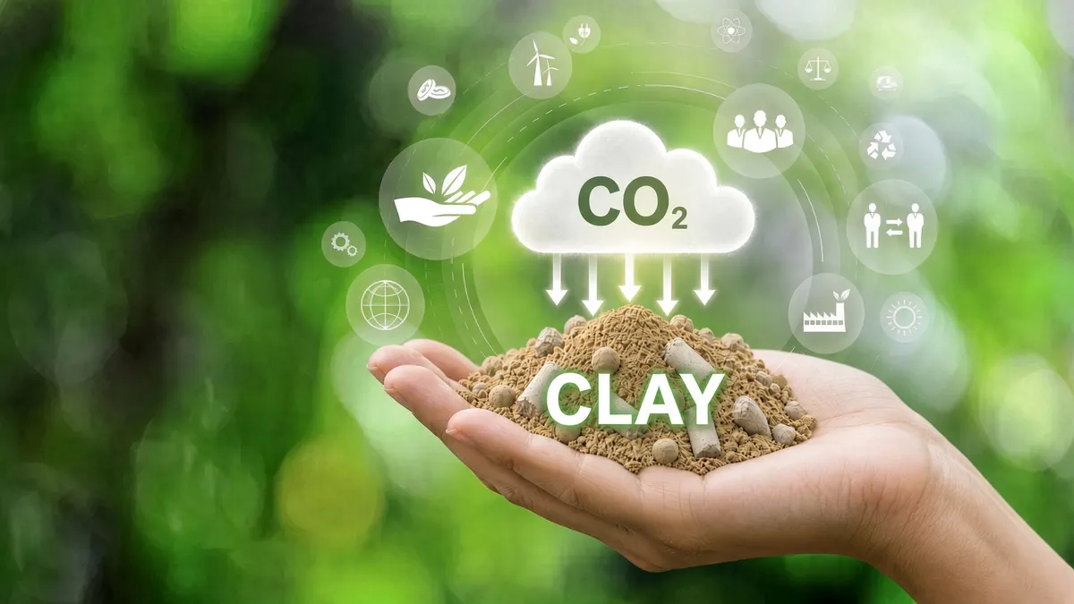 A hand holding a pile of clay pellets labeled 'CLAY' with CO2 being drawn down into it, surrounded by icons representing sustainability