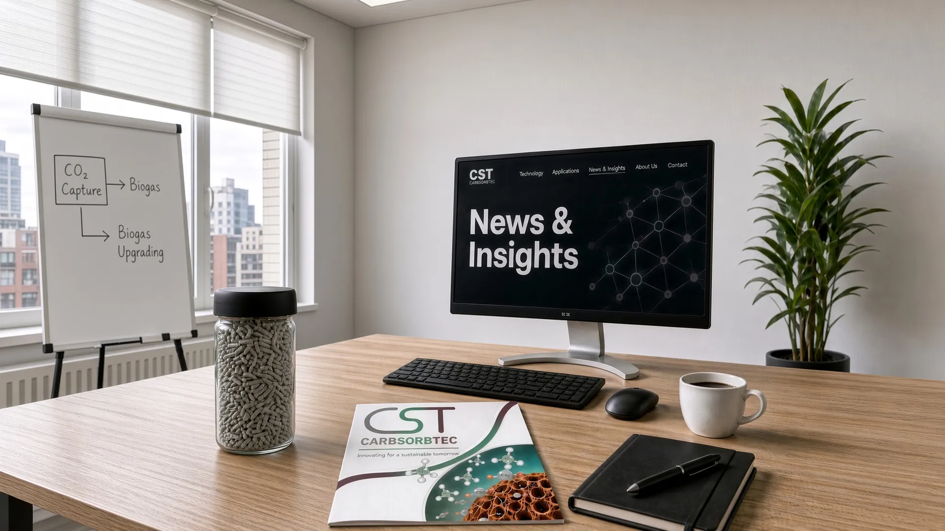 A desk with a monitor displaying the CarbSorbTec News & Insights page