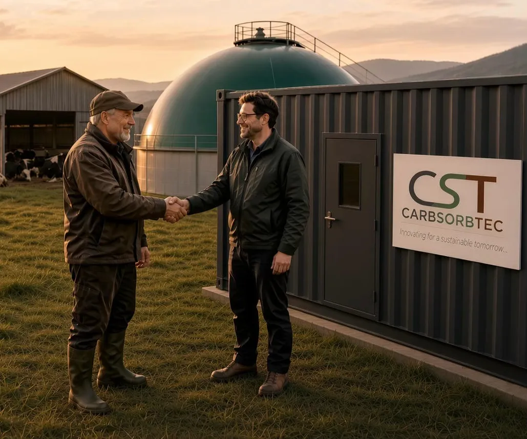 A farmer and a CarbSorbTec representative shaking hands in front of a biogas upgrading unit on a dairy farm