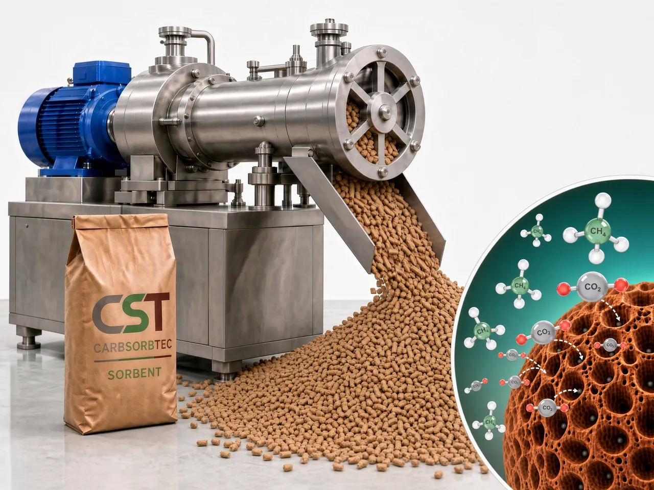 CST sorbent pellets being manufactured and packaged, with an inset diagram of CO₂ and CH₄ molecules being selectively captured within a porous pellet