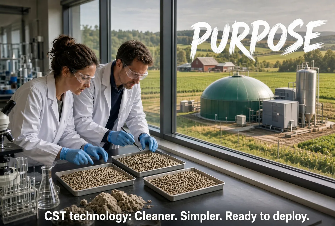 Two CarbSorbTec researchers examining trays of clay sorbent pellets in a lab, with a biogas upgrading plant visible through the window overlooking green fields