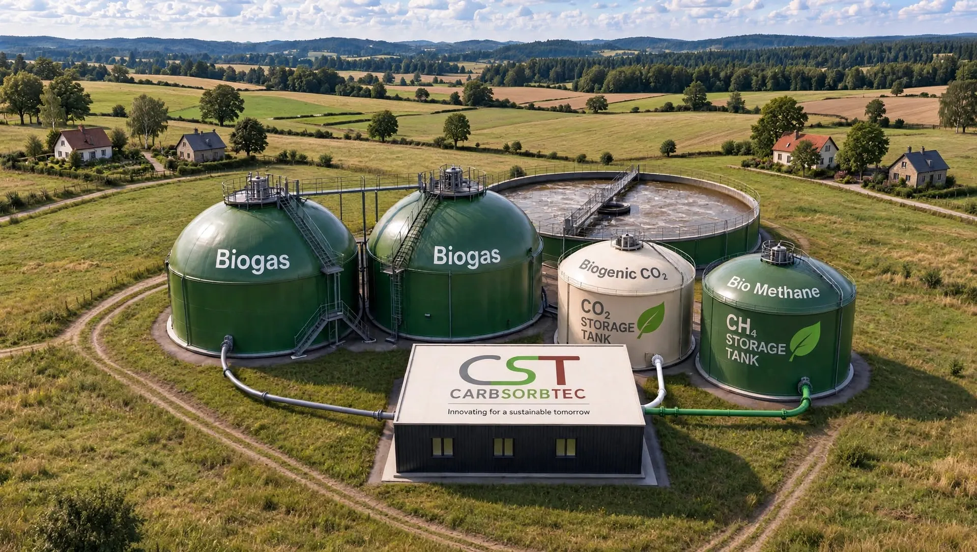 Aerial view of a CarbSorbTec biogas upgrading unit beside two green biogas digesters, a biogenic CO₂ storage tank and a bio-methane storage tank, set among fields and trees