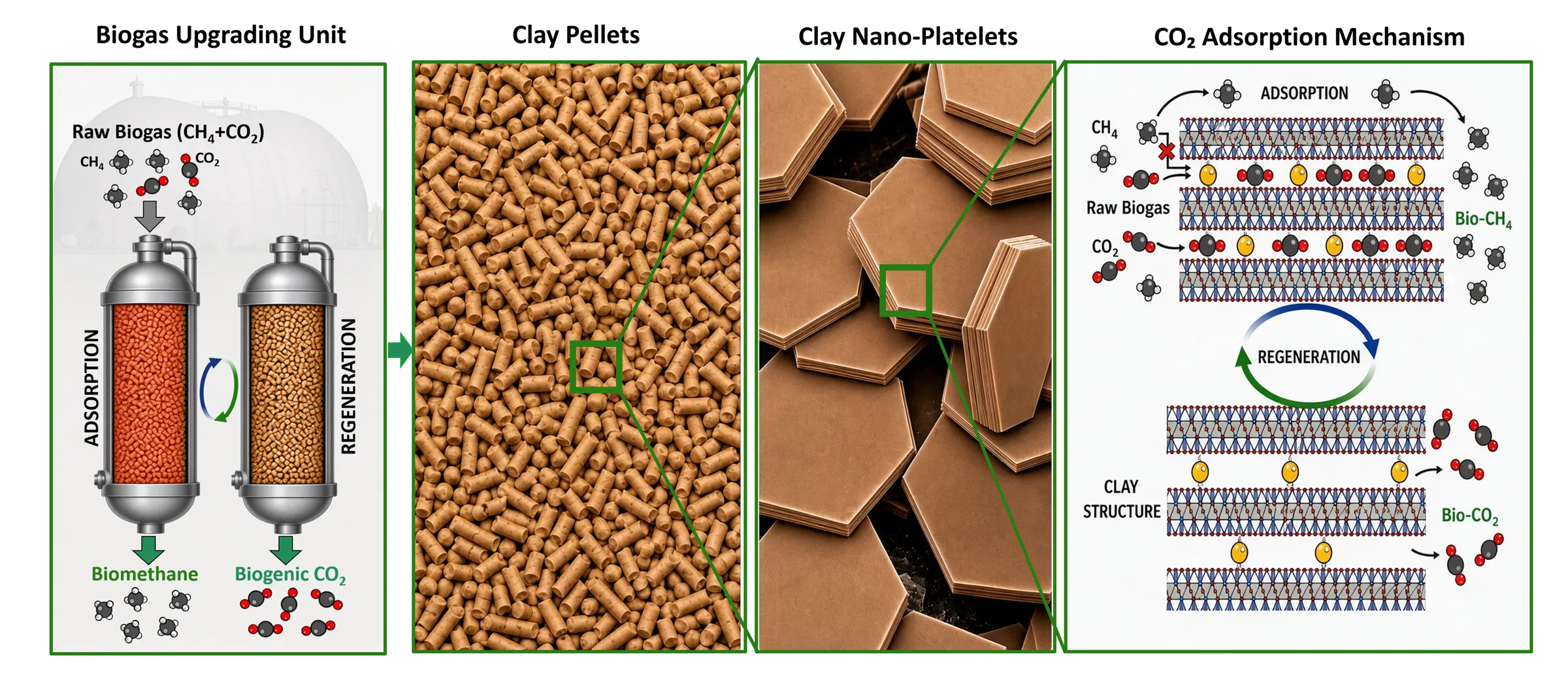 The technology across four scales: a biogas upgrading unit separating raw biogas into biomethane and biogenic CO₂, the clay pellets it is packed with, the clay nano-platelets those pellets are built from, and the CO₂ adsorption mechanism between the platelet layers