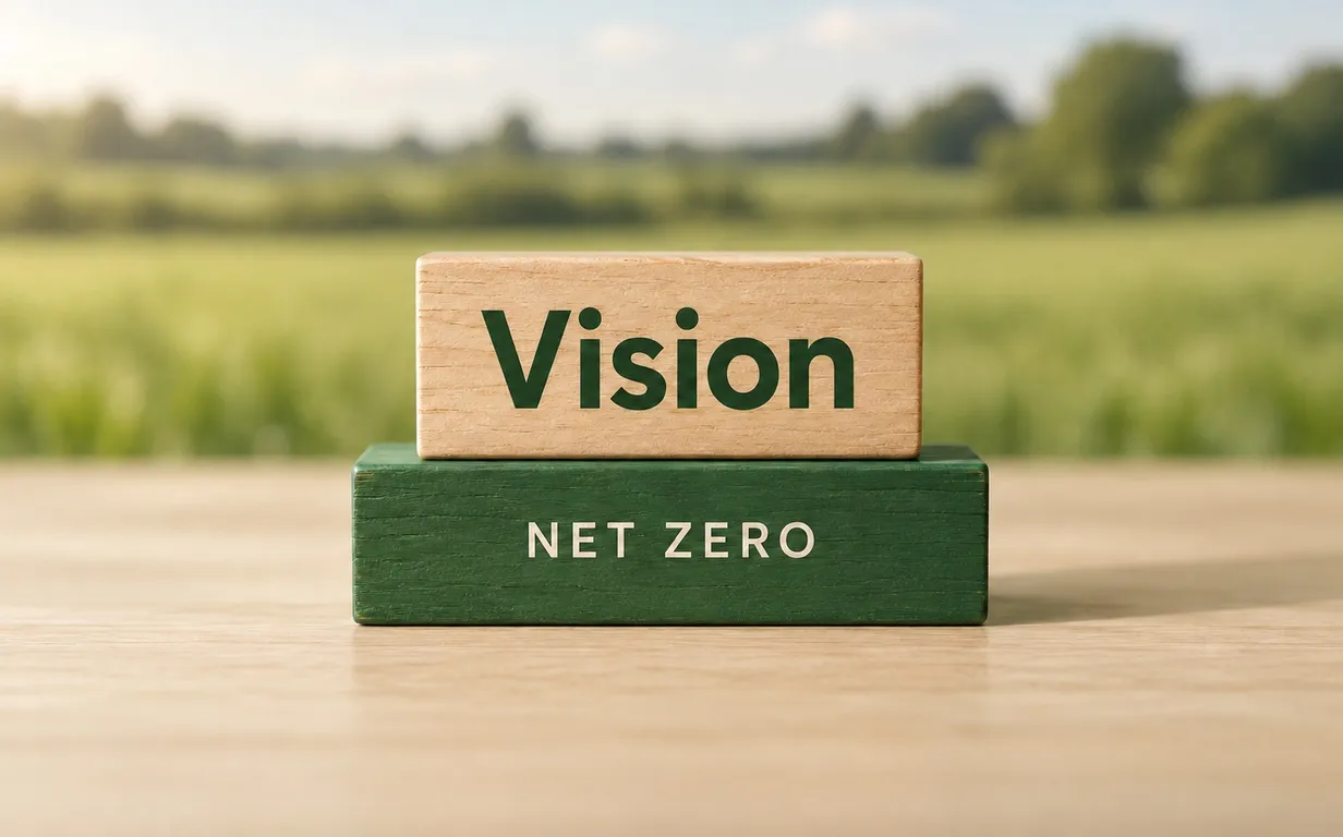 A light wooden block reading 'Vision' stacked on a green block reading 'Net Zero', on a wooden table in front of green fields